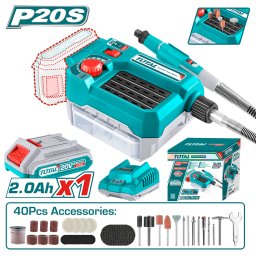 Mini polizor TOTAL 20V 2.0Ah, cu acumulator, incarcator si 40 accesorii