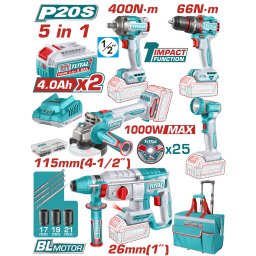 Set TOTAL 20V cu 5 unelte brushless, 2 acumulatori 4.0Ah si încarcator