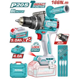 Masina de gaurit cu percutie TOTAL 20V, brushless, 166 Nm, 2x5Ah, kit complet