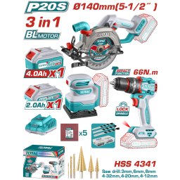 Kit combo TOTAL 20V cu fierastrau circular, bormasina impact si slefuitor