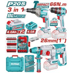 Kit scule TOTAL 20V cu masina de gaurit, surubelnita si ciocan rotopercutor