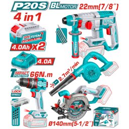 Kit scule TOTAL 20V cu bormasina, rotopercutor, fierastrau si suflanta