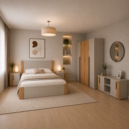 Dormitor OSLO , Set Complet cu Pat, Comoda, Dulap 4 UE i E i 2 Noptiere, Cashmere cu Stejar Auriu, PAL 18 mm