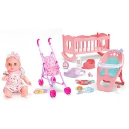 Păpușă cu sunet, leagăn și accesorii – 30 cm