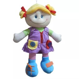 Păpușă textilă educativă (șireturi, fermoar, nasturi) – 50 cm