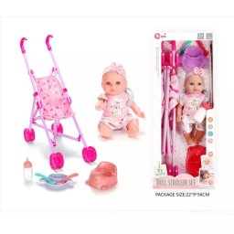Păpușă interactivă cu sunete, cu cărucior – 30 cm