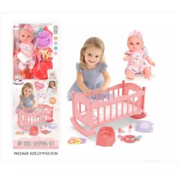 Păpușă care scoate sunete cu pătuț – 30 cm
