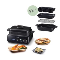 Multicooker Grill multifunctional 4 in 1 Panasonic NF-GM400KXE, 1524W, 40°C–250°C, 9 programe, 4 vase, peste 80 retete, extractor de fum cu filtrare prin apa, Negru