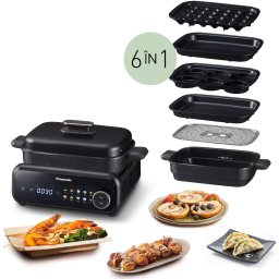 Multicooker Grill multifunctional 6 in 1 Panasonic NF-GM600KXE, 1524W, 40°C–250°C, 9 programe, 6 vase, peste 100 retete, extractor de fum cu filtrare prin apa, Negru