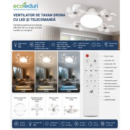 Ventilator de tavan Drona cu LED, E27, 20W, telecomanda, lumina reglabila 3500K-4000K-6500K, 3 viteze, timer 2H 4H, alb