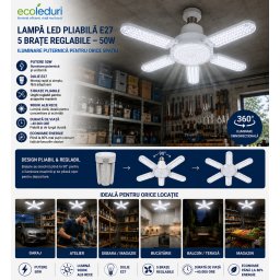 Lampa LED E27 50W cu 5 brate pliabile transparente, 9000K, iluminare 360 , lumina rece