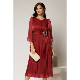 Rochie midi bordo de ocazie din voal peliculizat cu perle pe talie