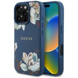 Husa Husa pentru iPhone 16 Pro Max - Guess Grained Flowers MagSafe (GUHMP16XPGNMPLMB) - Blue