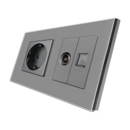 Priza Schuko + TV + Internet cu Rama Din Sticla LUXION, Gri, LX-1MP010/26/25G-GY