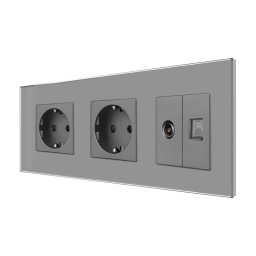 Priza Dubla Schuko + TV + Internet cu Rama Din Sticla LUXION, Gri, LX-2MP010/26/25G-GY