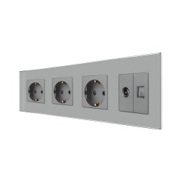 Priza Tripla Schuko + TV + Internet cu Rama Din Sticla LUXION, Gri, LX-3MP010/26/25G-GY