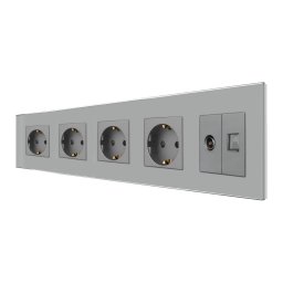 Priza Cvadrupla Schuko + TV + Internet cu Rama Din Sticla LUXION, Gri, LX-4MP010/26/25G-GY