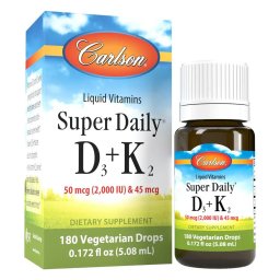 Vitamina D3 cu K2 Picaturi - 2000 UI D3 si 45 mcg K2 MK-7 in Ulei MCT | Carlson Super Daily