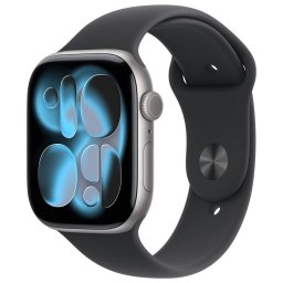 Ceas inteligent Apple Series 11, GPS, 42mm,Carcasa din aluminiu Gri spatial, Curea Negra sport, masura M/L