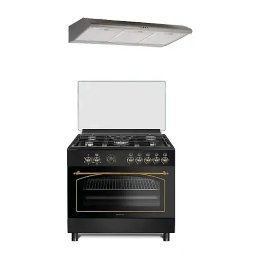 Aragaz Ravena Antracit rustic 5 arzatoare gaz, 90 cm, Gratare fonta + Hota ST2196 inox