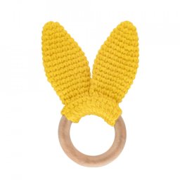 Jucarie dentitie din bumbac cu inel din lemn BabyJem Amigurumi (Culoare: Galben)