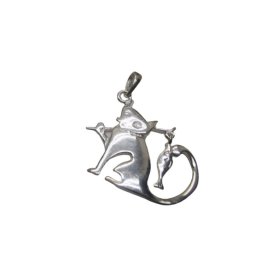 Pandantiv din Argint 925, Model Pisica Pescar, Bijuterie Decorativa cu Undita, Peste Suspendat si Design Conturat, Argintiu