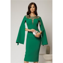 Rochie DY Fashion verde midi cu manecile lungi crapate si aplicatii la bust
