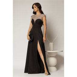 Rochie DY Fashion lunga neagra de seara cu aplicatii la bust