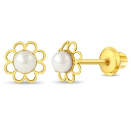 Cercei din Aur 14K pentru Copii, model Floare cu Perla de Cultura, inchidere cu Filet si Protectie