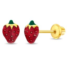Cercei din Aur 14K pentru Copii, model Capsuni cu Email, inchidere cu Filet si Protectie