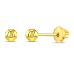 Cercei din Aur 14K pentru Bebelusi, model Clasic Biluta 3mm, inchidere cu Filet si Protectie