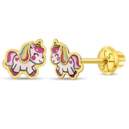 Cercei din Aur 14K pentru Copii – Unicorn Emailat Multicolor, inchidere cu Filet si Protectie
