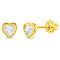 Cercei din Aur 14K pentru Copii, model Inima cu Sidef de Perla, inchidere cu Filet si Protectie