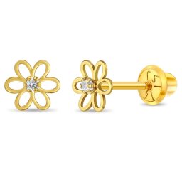 Cercei din Aur 14K pentru Copii – Floare cu Pietra CZ alba, inchidere cu Filet si Protectie