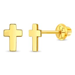 Cercei din Aur 14K pentru Copii – Cruce Clasica, inchidere cu Filet si Protectie