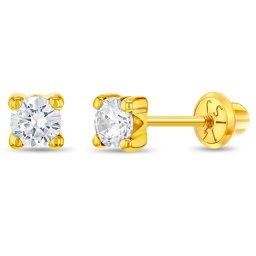 Cercei din Aur 14K pentru Copii, model Clasic cu Piatra CZ Transparenta 4 mm montata in 4 Gherute, inchidere cu Filet si Protectie