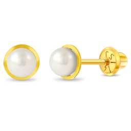 Cercei din Aur 14K pentru Copii, model Clasic cu Perla de Cultura 4 mm, inchidere cu Filet si Protectie