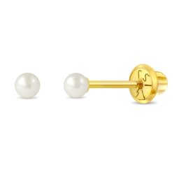 Cercei din Aur 14K pentru Copii, model Clasic cu Perla de Cultura 3.5–4 mm, inchidere cu Filet si Protectie