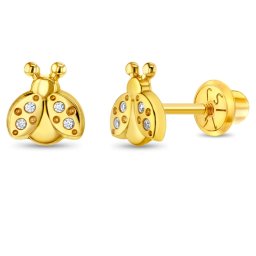 Cercei din Aur 14K pentru Copii – Buburuza cu Pietre CZ, inchidere cu Filet si Protectie