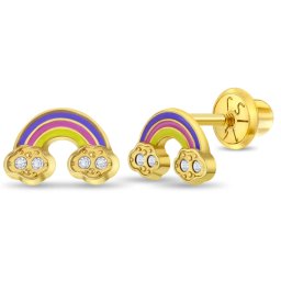 Cercei din Aur 14K pentru Copii – Curcubeu Emailat cu Pietre CZ, inchidere cu Filet si Protectie
