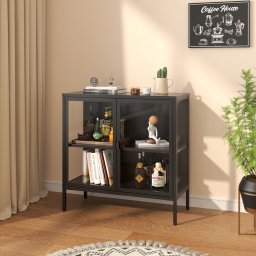 Vitrina sideboard metalica neagra cu 2 usi din sticla, 80x80x35 cm