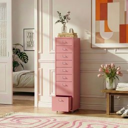 Fiset mobil cu 8 sertare din otel, 109x28x41 cm, roz, [en.casa]