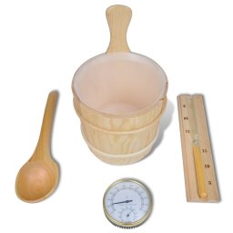 Set 5 Accesorii pentru Sauna cu Galeata, Lingura, Clepsidra si Termo-Higrometru din Lemn Masiv