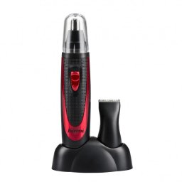 Aparat de tuns Trimmer pentru nas urechi barbie mustata sprancene cu baterie AA lame de inox Negru/Rosu