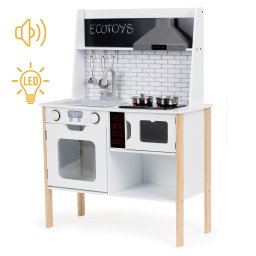 Bucatarie din lemn pentru copii Homelux, cu lumini LED si sunete, 70x29,5x96 cm