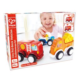 Set 3 masinute din lemn cu motor pull-back Hape, 2 ani+