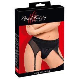 Tanga Strap-On Bad Kitty cu Portjartier și Inel Integrat - Negru , 2XL