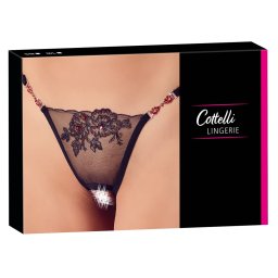 Tanga Roșu cu Decupaj Intim, Broderie și Strass - Negru , S/M