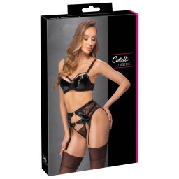 Set 3 Piese Cottelli LINGERIE – Sutien cu Balene, Portjartier și Tanga din Dantelă și Vinil - Negru , 80B/M