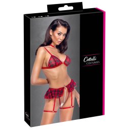 Set Cottelli COSTUMES cu Sutien, Tanga cu Jartiere și Choker – Model Plaid Roșu - Roșu , M
